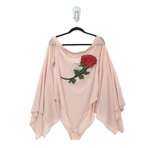 Forever 21 Women 3x Bodysuit Blush Rose Embroidered Mesh Off Shoulder NEW FLAW